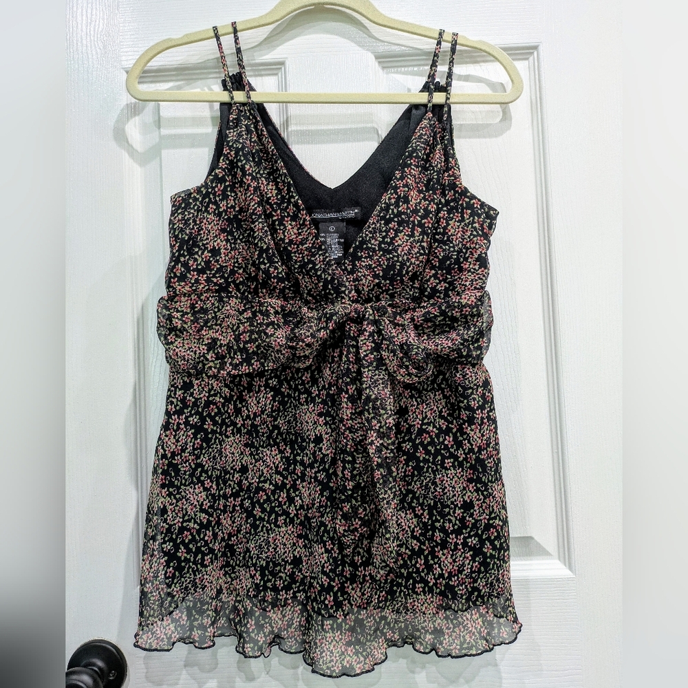 Vintage Y2K Fairy‎ Babydoll Top Dainty Floral Shreer Tie Front Dark Coquette